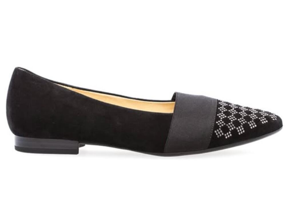 Gabor Sanctuary Ladies Court Shoes WMNS 7.5 Black Suede Leather Studded Toe Flat